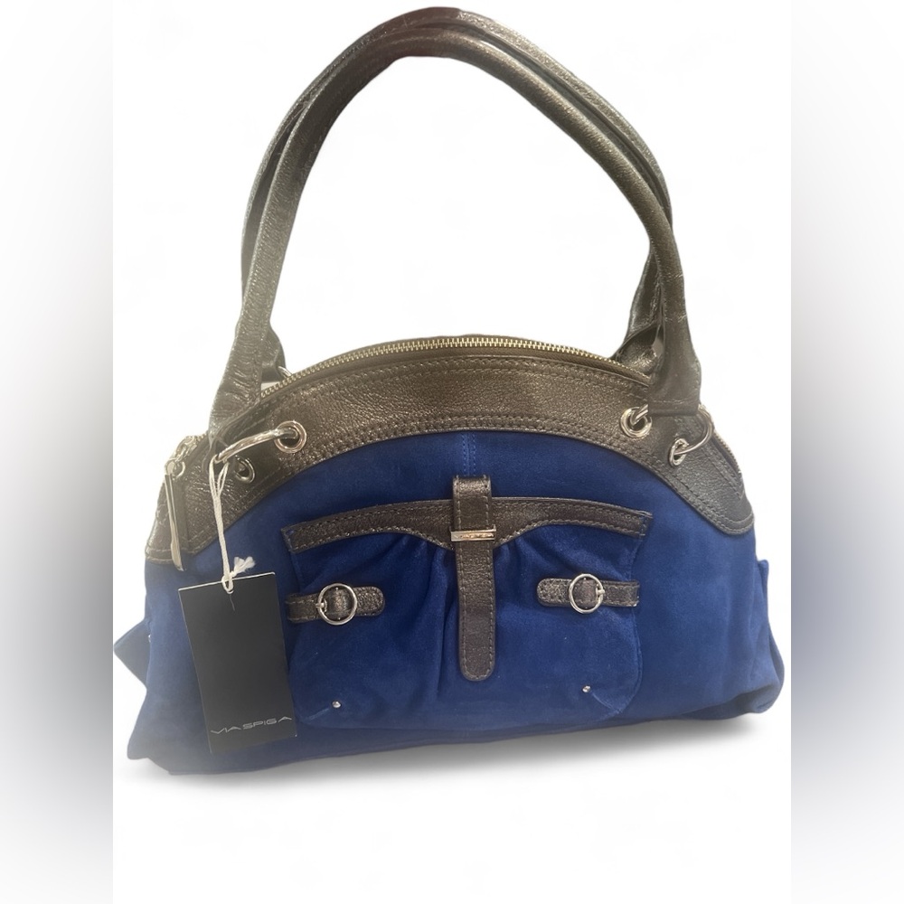 Via Spiga Brown Trim Blue Suede Leather Handbag Purse Buckled NWT